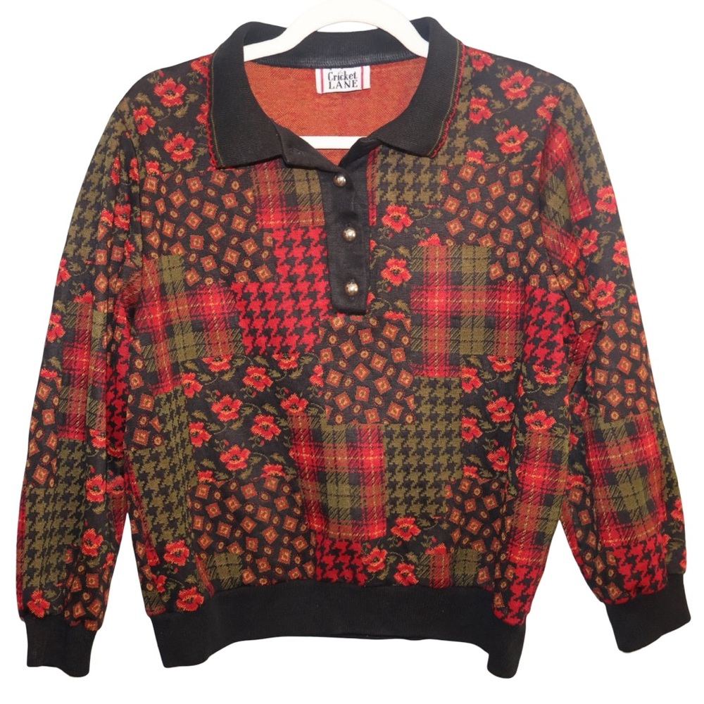 Cricket Lane Vintage Patchwork Polo Sweater - Red, Olive, Black